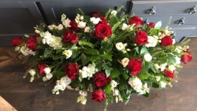 Casket Spray with Red Roses and Creams